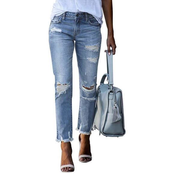 GOSOPIN Distressed Raw Hem Boyfriend Straight Leg Jeans - Picture 1 of 9